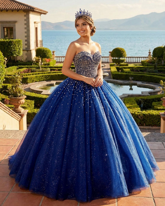 Navy Blue Sweetheart Tulle Quinceanera Dresses With Beadings