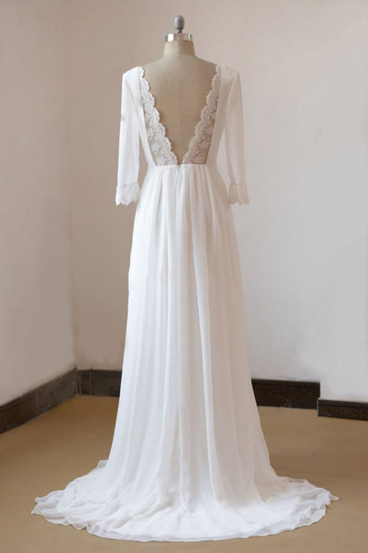 Boho 3/4 Sleeves Backless Long Chiffon Beach Wedding Dress