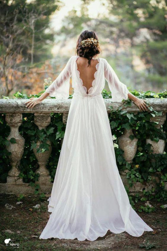 Boho 3/4 Sleeves Backless Long Chiffon Beach Wedding Dress