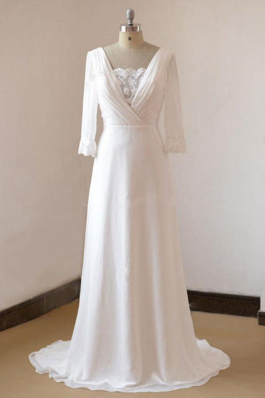Boho 3/4 Sleeves Backless Long Chiffon Beach Wedding Dress
