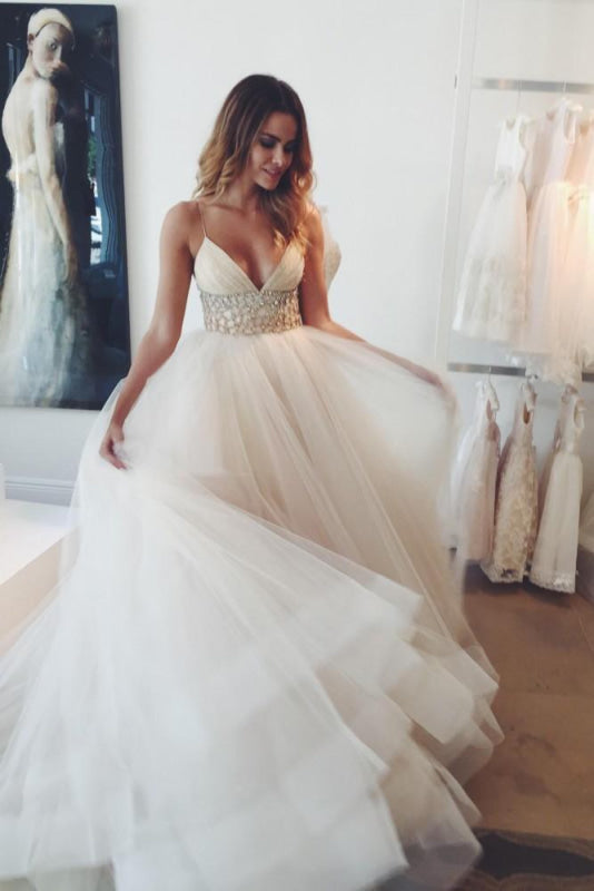 Sexy A-line V-neck Spaghetti Straps Ivory Tulle Ball Gowns Wedding Dress