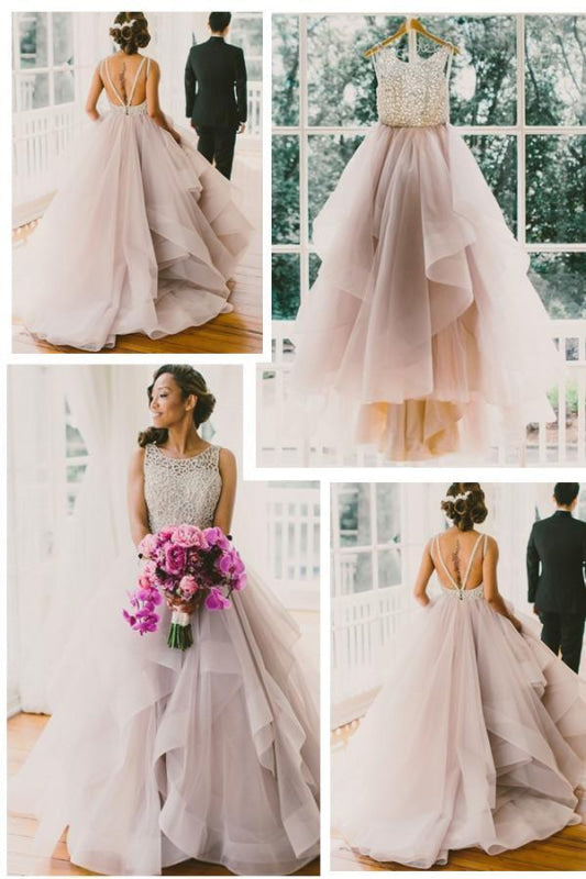 Sexy Backless A-Line Beading Beach Wedding Dress Long