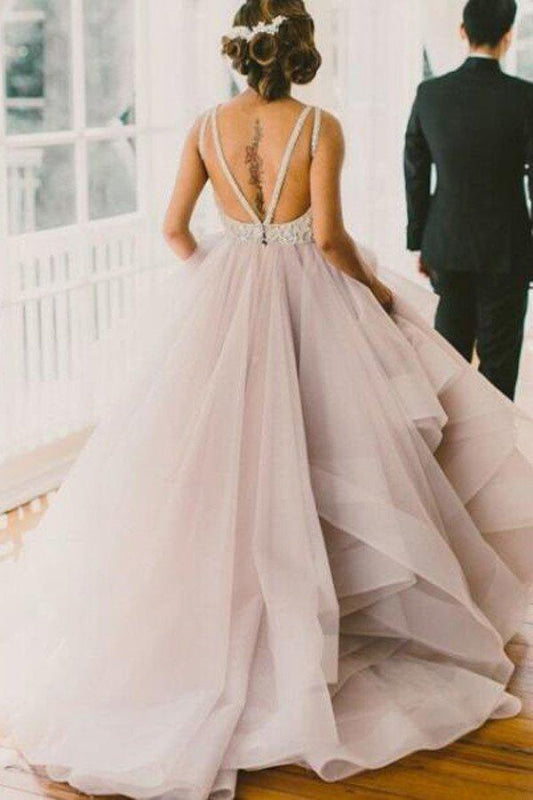 Sexy Backless A-Line Beading Beach Wedding Dress Long