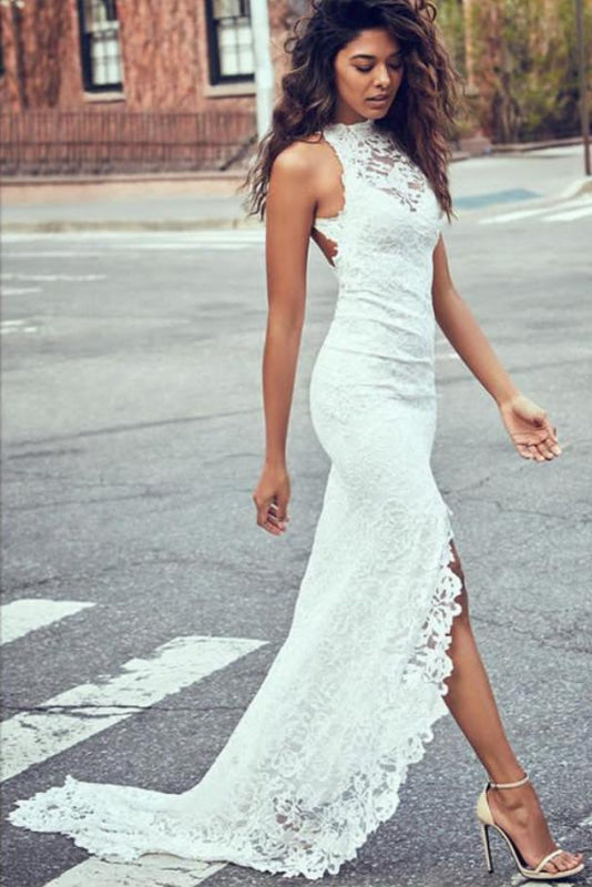 Sexy Mermaid Jewel Lace Backless Court Train Beach Wedding Dress