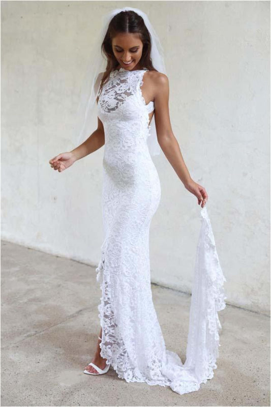 Sexy Mermaid Jewel Lace Backless Court Train Beach Wedding Dress