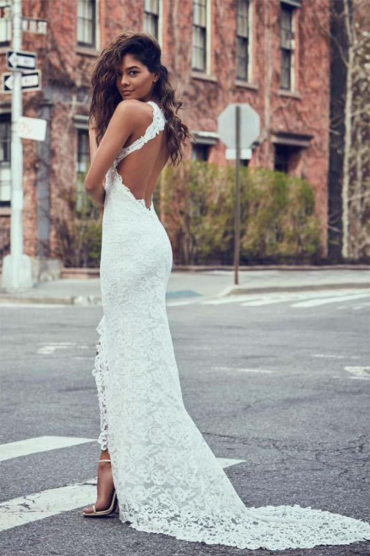 Sexy Mermaid Jewel Lace Backless Court Train Beach Wedding Dress