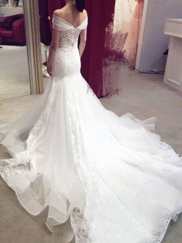 Sexy Mermaid Off-the-shoulder Chapel Train Lace Applique Wedding Dress