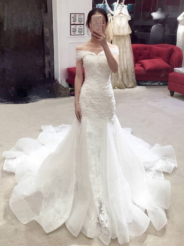 Sexy Mermaid Off-the-shoulder Chapel Train Lace Applique Wedding Dress