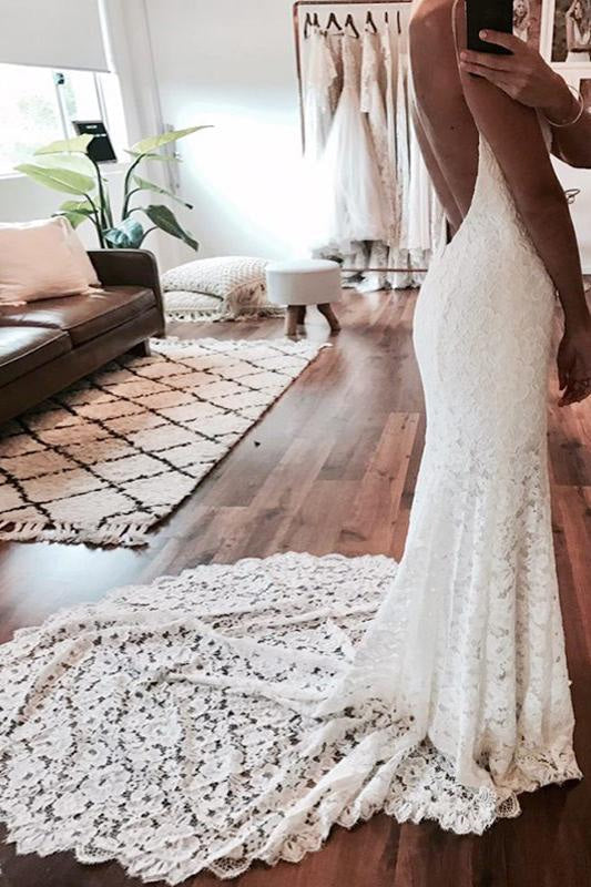 Sexy Mermaid Spaghetti Straps Backless Beach Lace Wedding Dress