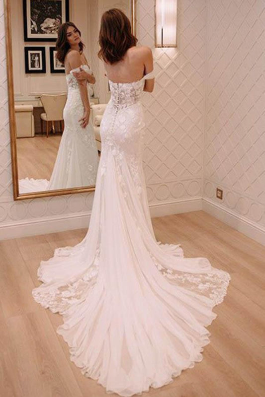 Sexy Off Shoulder Appliqued Beach with Court Train Ivory Wedding Dress