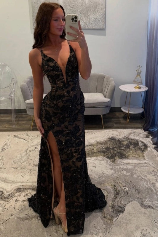 Sexy Spaghetti Straps Black Prom Dress Glitter High Split Prom Dress V-Neck