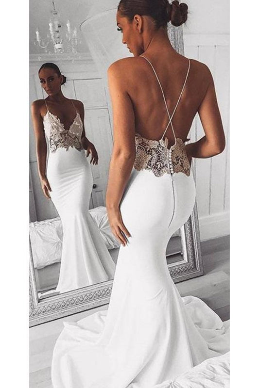Sexy Spaghetti Straps Mermaid Long Beach Wedding Dress with Lace