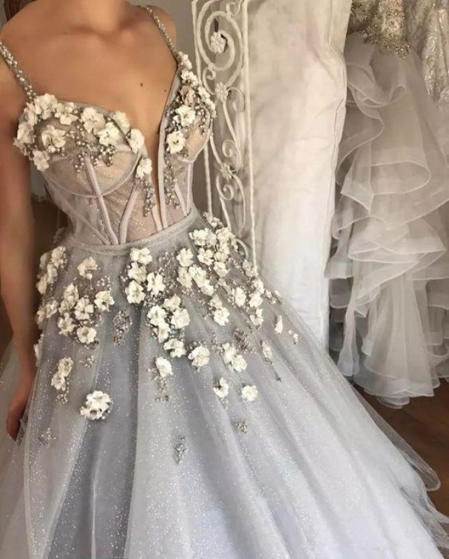 Sexy Straps Ball Gown Appliqued Deep V-neck Wedding Dress
