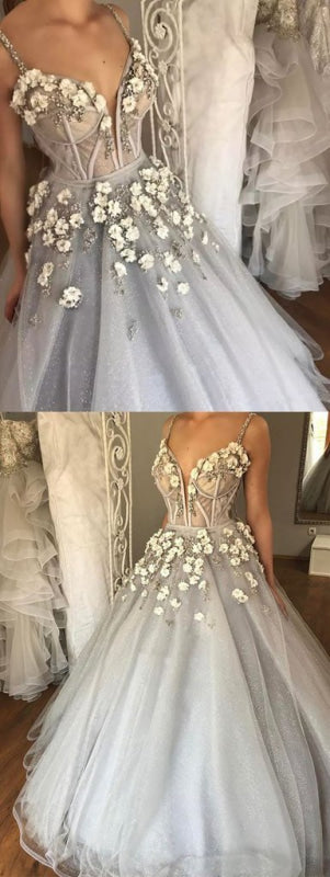 Sexy Straps Ball Gown Appliqued Deep V-neck Wedding Dress