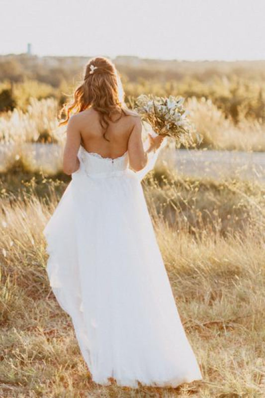 Sexy Sweetheart White Tulle Backless Beach with Lace Long Wedding Dress