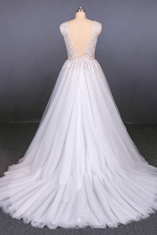 Sexy V Neck Tulle with Lace Appliques A Line Backless Wedding Dress