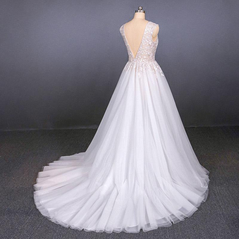Sexy V Neck Tulle with Lace Appliques A Line Backless Wedding Dress