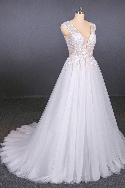 Sexy V Neck Tulle with Lace Appliques A Line Backless Wedding Dress