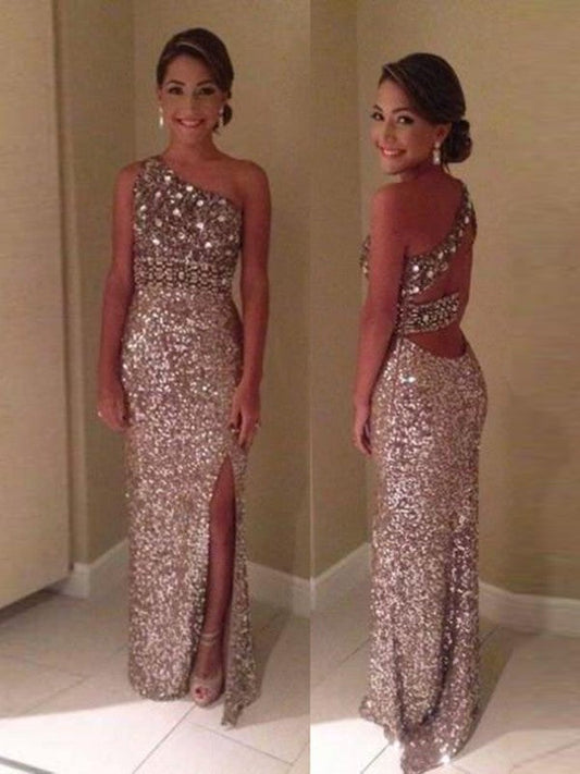 Sheath/Column One-Shoulder Sleeveless Sequins Prom Dresses