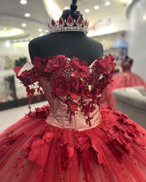 Shimmery Off Shoulder 3D Flowers Ball Gown Quinceanera Dress With Train
