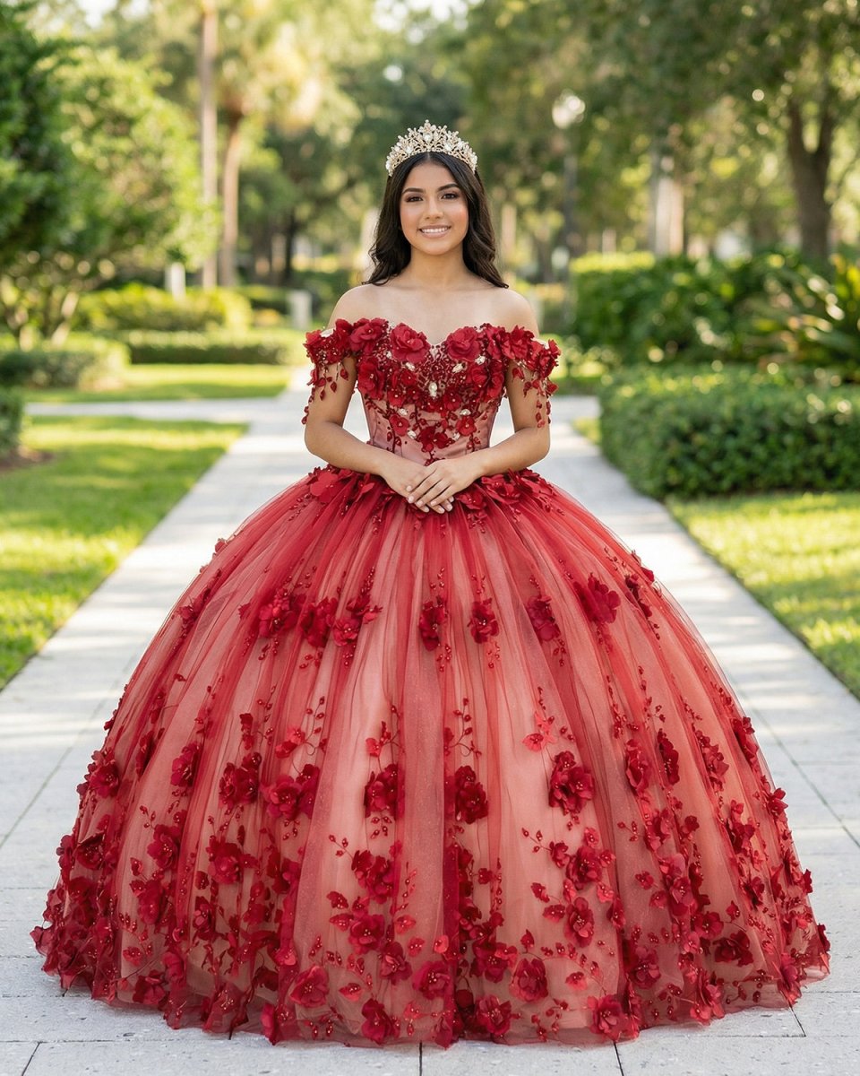 Shimmery Off Shoulder 3D Flowers Ball Gown Quinceanera Dress With Train