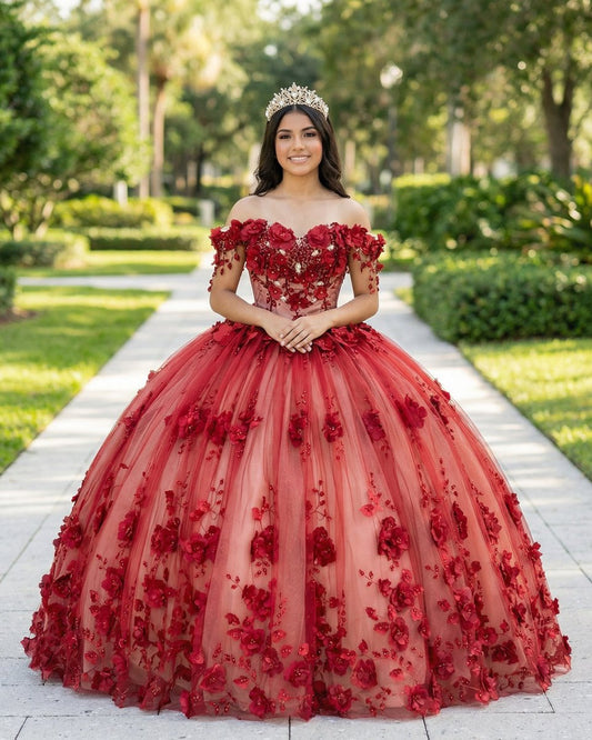 Shimmery Off Shoulder 3D Flowers Ball Gown Quinceanera Dress With Train