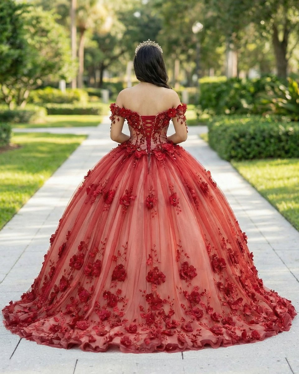 Shimmery Off Shoulder 3D Flowers Ball Gown Quinceanera Dress With Train