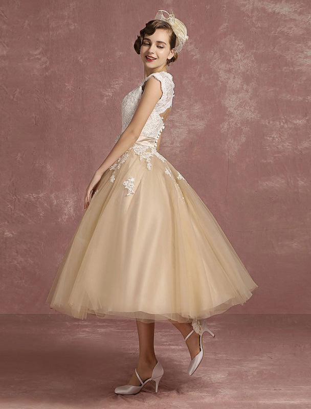 Short Champagne Vintage Wedding Dress Lace Applique Keyhole Bridal Dress