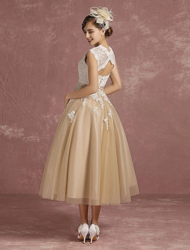 Short Champagne Vintage Wedding Dress Lace Applique Keyhole Bridal Dress