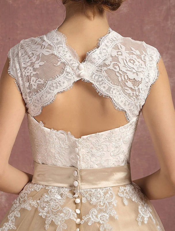 Short Champagne Vintage Wedding Dress Lace Applique Keyhole Bridal Dress