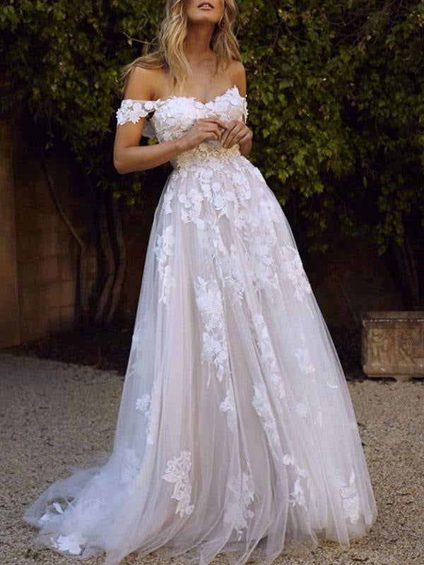 Short Sleeve A Line Wedding Dresses Off The Shoulde  Lace Appliqued Tulle Bridal Gown With Train
