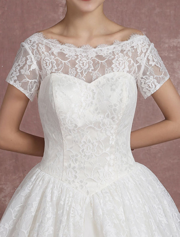 Short Sleeve Tea Length Bridal Dress Vintage Short Sleeves Aline Wedding Dress