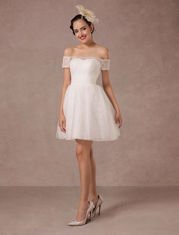 Short Wedding Dress Lace Off The Shoulder Mini A-Line Vintage Bridal Dress