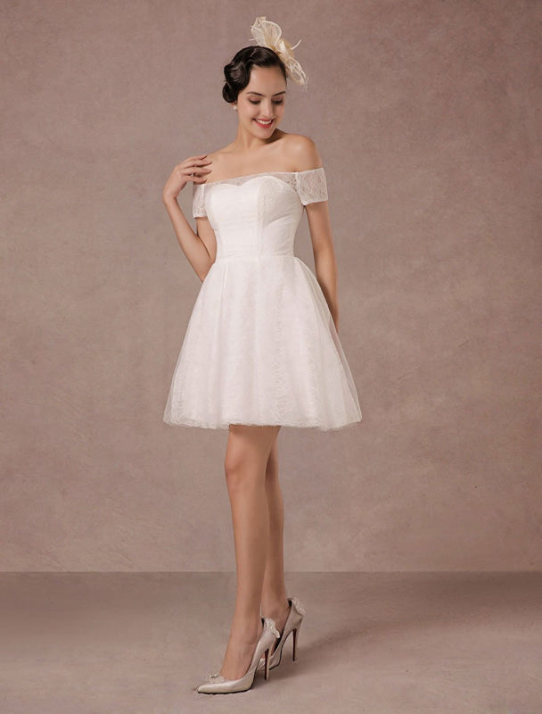 Short Wedding Dress Lace Off The Shoulder Mini A-Line Vintage Bridal Dress