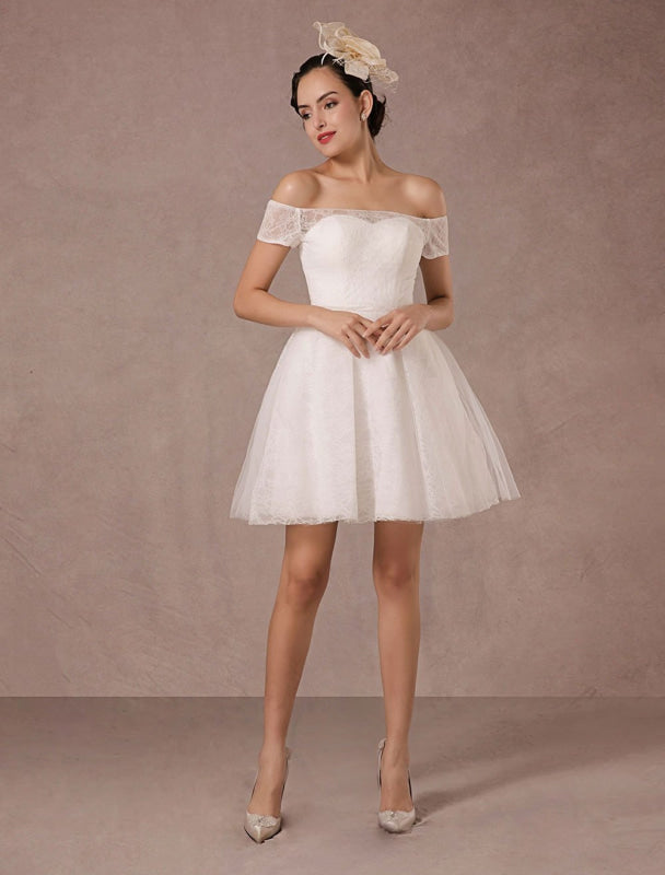 Short Wedding Dress Lace Off The Shoulder Mini A-Line Vintage Bridal Dress