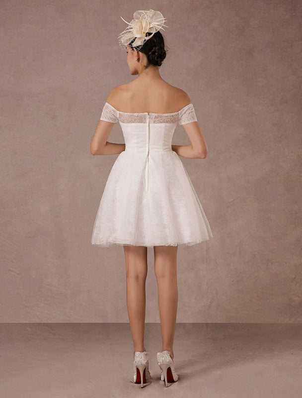 Short Wedding Dress Lace Off The Shoulder Mini A-Line Vintage Bridal Dress