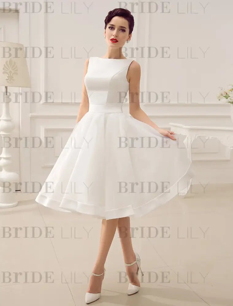 Short Wedding Dress Vintage Bridal Dress 1950’S Bateau Sleeveless Reception Bridal Gown