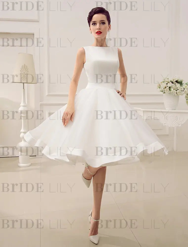 Short Wedding Dress Vintage Bridal Dress 1950’S Bateau Sleeveless Reception Bridal Gown