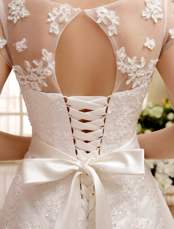 Short Wedding Dresses Ivory Lace Applique Vintage Bridal Dress Illusion Sweetheart Open Back Tea Length Wedding Reception Dresses