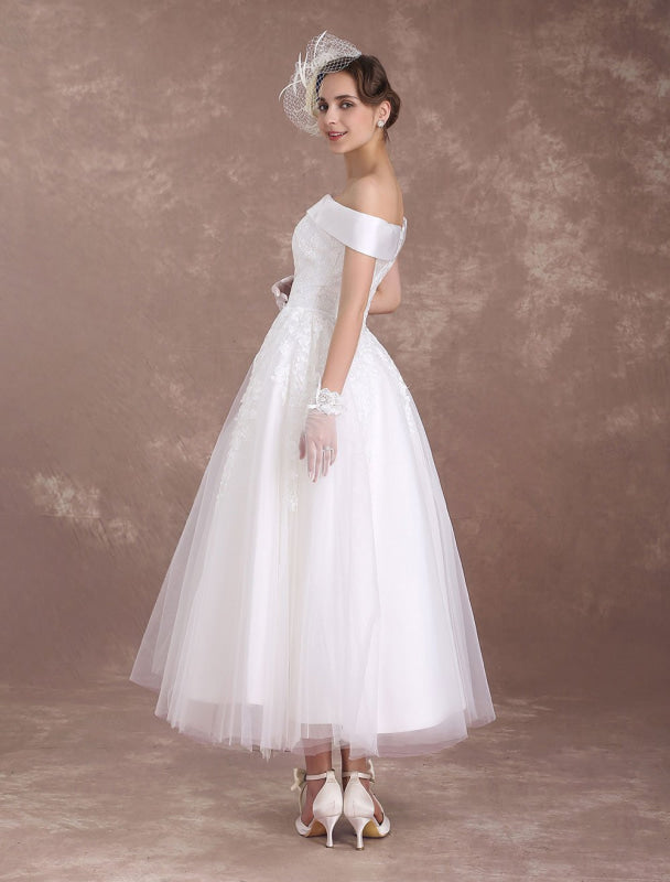 Short Wedding Dresses Off The Shoulder Vintage Bridal Dress 1950'S Lace Applique Tulle Tea Length Ivory Wedding Reception Dress