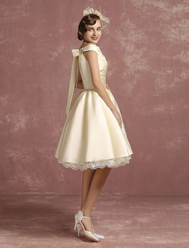 Short Wedding Dresses Satin Vintage Princess Bridal Dress Knee Length Sleeveless Lace Edge Pleated Bridal Gown With Ribbon Bow