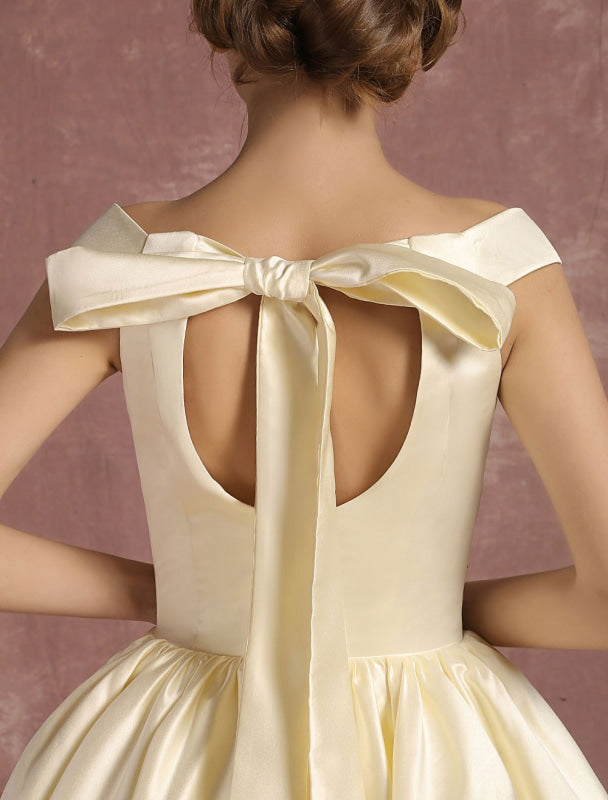 Short Wedding Dresses Satin Vintage Princess Bridal Dress Knee Length Sleeveless Lace Edge Pleated Bridal Gown With Ribbon Bow
