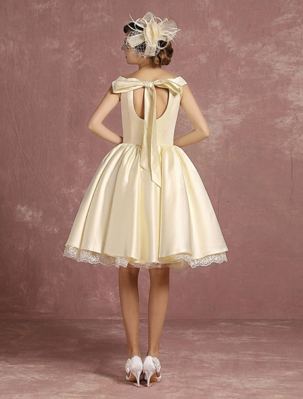 Short Wedding Dresses Satin Vintage Princess Bridal Dress Knee Length Sleeveless Lace Edge Pleated Bridal Gown With Ribbon Bow