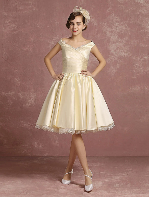 Short Wedding Dresses Satin Vintage Princess Bridal Dress Knee Length Sleeveless Lace Edge Pleated Bridal Gown With Ribbon Bow