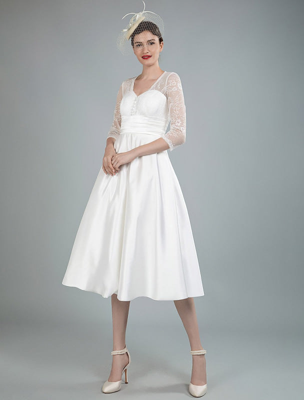 Short Wedding Dresses V Neck 3/4 Length Sleeves A Line Tea Length Traditional Bridal Dresses