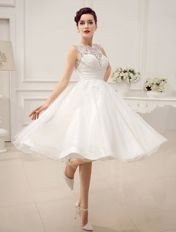 Short Wedding Dresses Vintage 1950'S Bridal Gown Backless Lace Beading Pleated Sequins Illusion Wedding Reception Dress