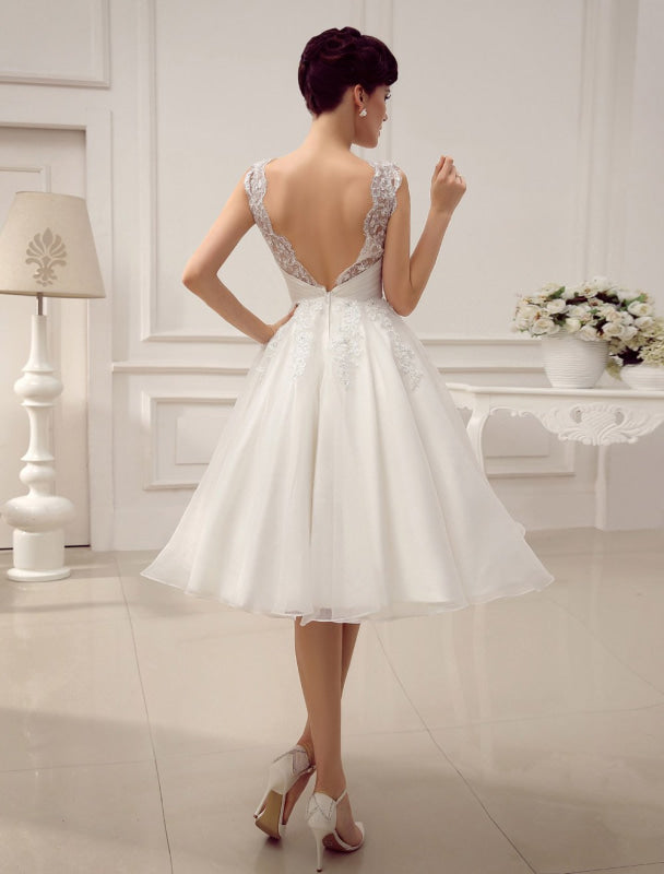 Short Wedding Dresses Vintage 1950'S Bridal Gown Backless Lace Beading Pleated Sequins Illusion Wedding Reception Dress
