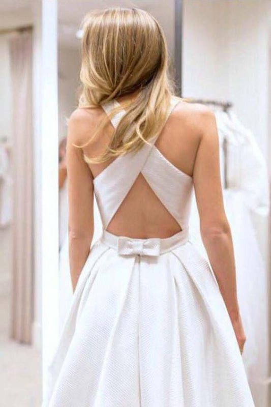 Simple A-Line Criss Cross Back Satin Wedding Dress with Pockets
