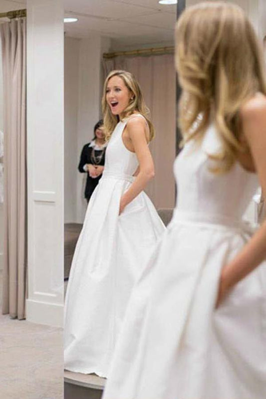 Simple A-Line Criss Cross Back Satin Wedding Dress with Pockets
