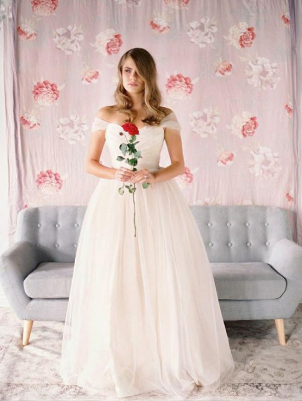 Simple Beach A-Line Off-Shoulder Tulle Wedding Dress